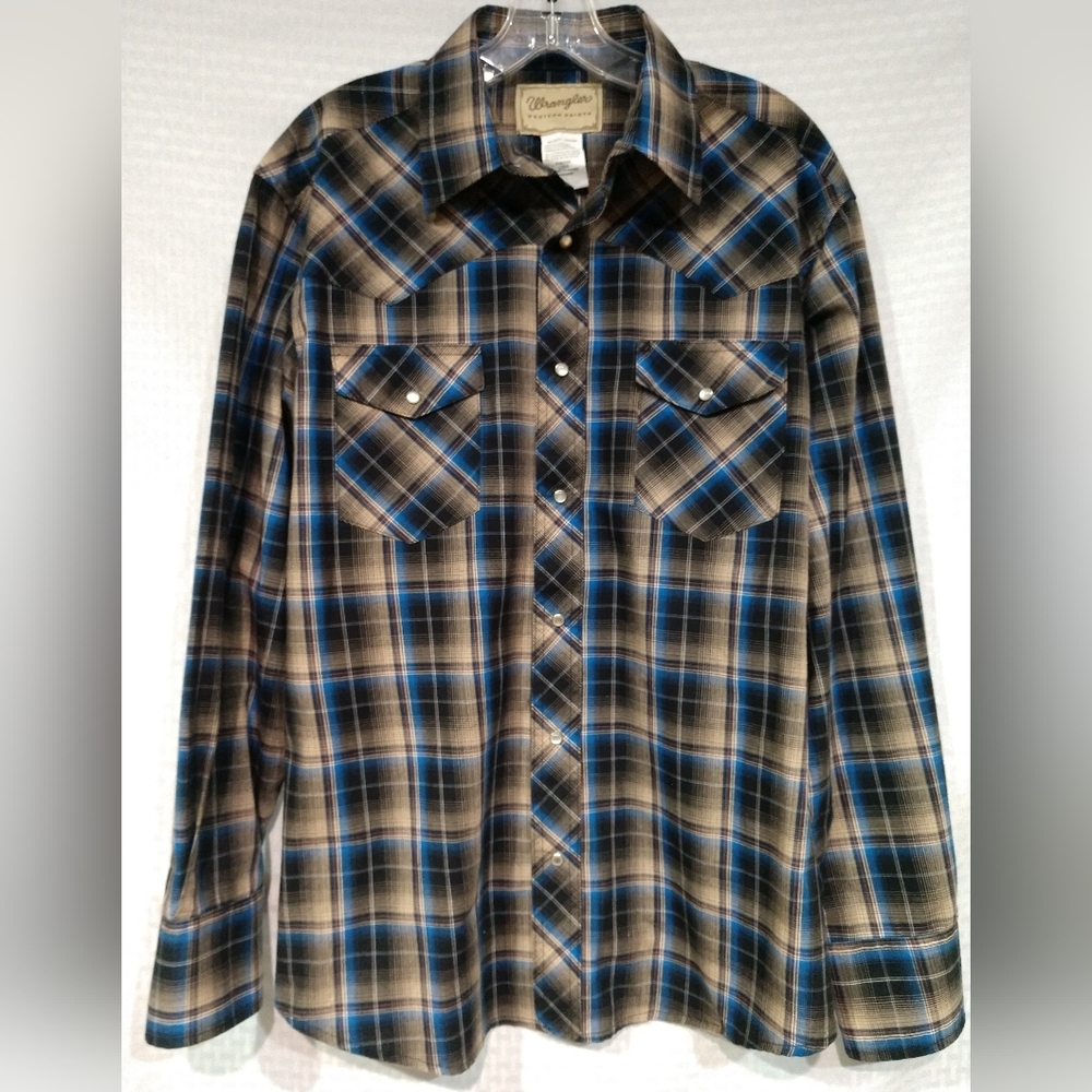 Vtg Wrangler Western Shirt Pearl Snap Plaid Blue Brown Cowboy Men's Large